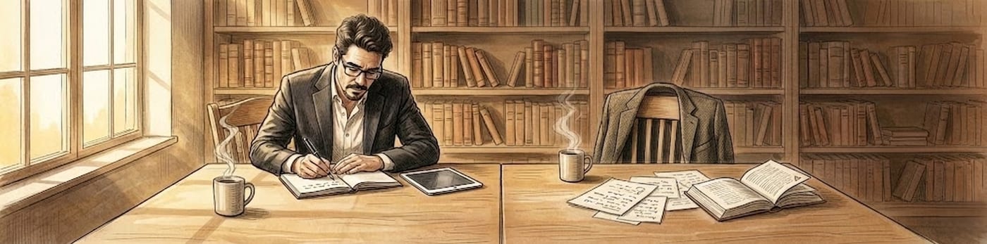 Ilustração em lápis de cor de Leonardo, o ghostwriter, escrevendo à mesa com a presença silenciosa do autor ao fundo — a metáfora do escritor que está em cada linha mas não aparece na capa.