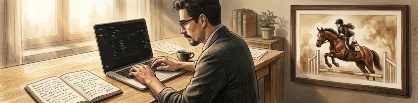 Ilustração em lápis de cor de Leonardo digitando no laptop com painel da Scriptio na tela, caderno de notas à mesa e quadro com menina equestre ao fundo.
