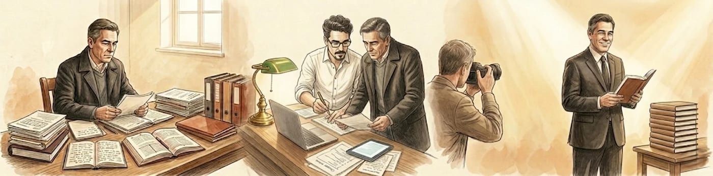 Ilustração em lápis de cor de um especialista à mesa, rodeado de anotações e livros, no momento em que o conhecimento começa a tomar forma de obra.