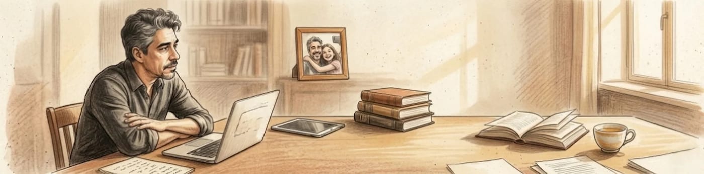 Ilustração de uma conversa inicial entre autor e ghostwriter — dois profissionais à mesa, rodeados de livros, no momento em que a escolha começa a ser feita.