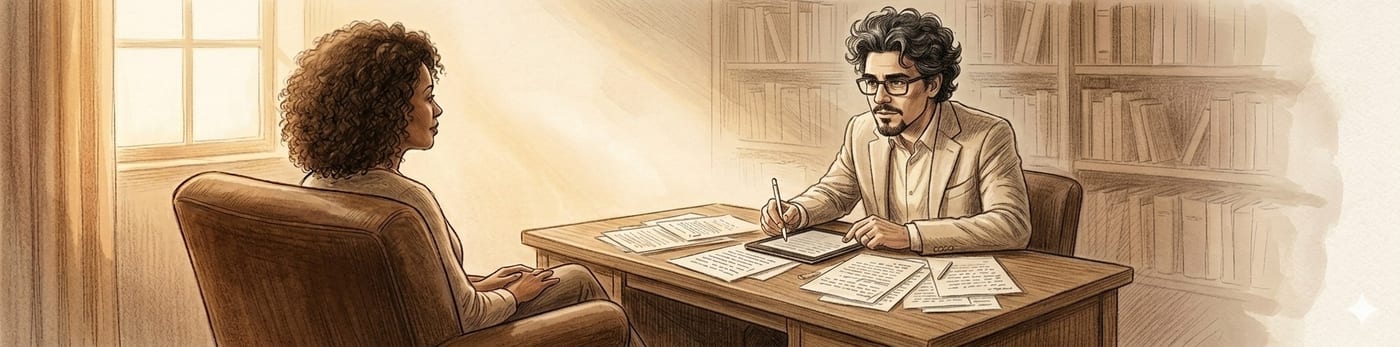 Ilustração em lápis de cor de Leonardo, o ghostwriter, ao lado do autor à mesa, com o livro tomando forma a partir da conversa.