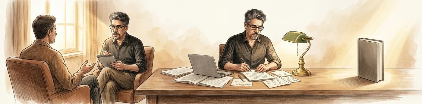Ilustração do processo de ghostwriting — autor e ghostwriter em sessão de entrevista, da conversa inicial à entrega do manuscrito.