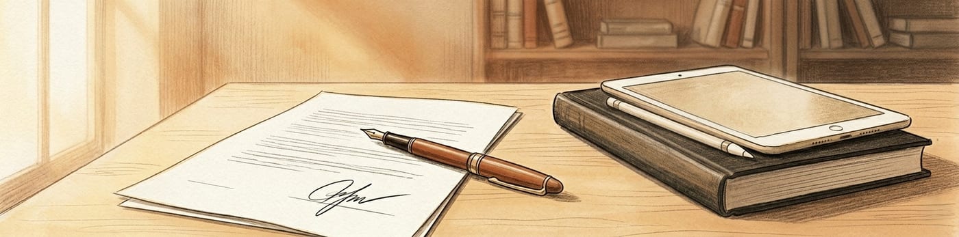 Ilustração de um contrato aberto sobre uma mesa ao lado de um livro encadernado — cena editorial que representa a formalização legal do ghostwriting.