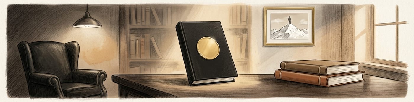 Ilustração de um livro encadernado em destaque sobre uma mesa de escritório, iluminado, com exemplares ao lado e estante ao fundo.