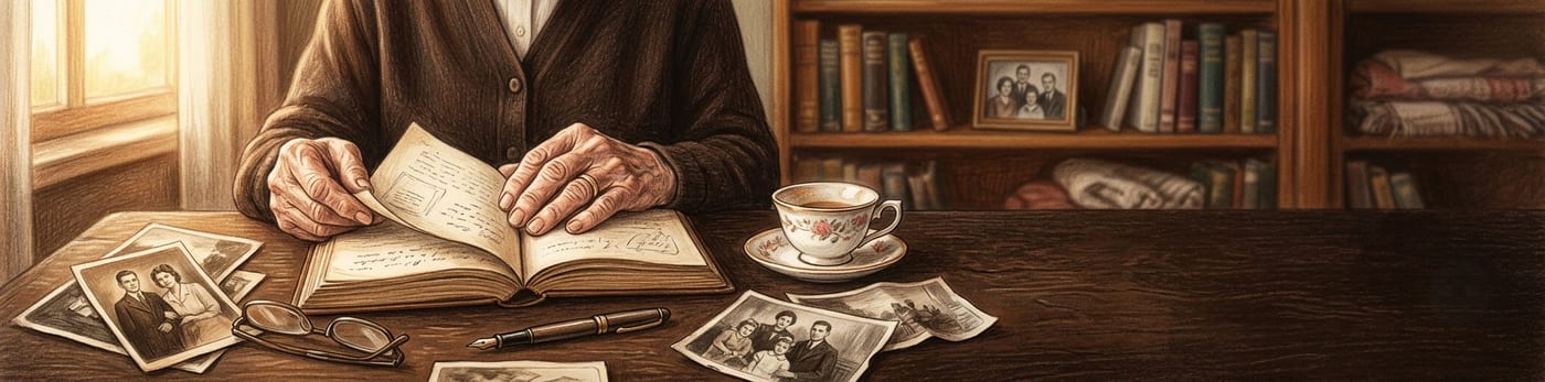 Ilustração em lápis de cor de mãos idosas folheando um livro aberto sobre uma mesa, com fotografias antigas e uma xícara ao lado, luz quente de fim de tarde.