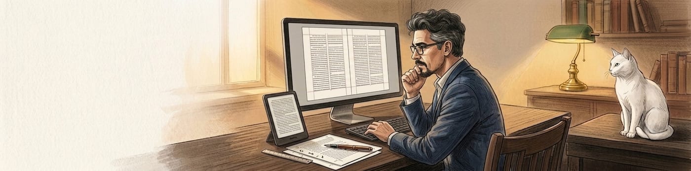 Ilustração em lápis de cor de Leonardo diagramando um livro no computador de tela ampla, com um Kindle na mesa e um gato branco observando.