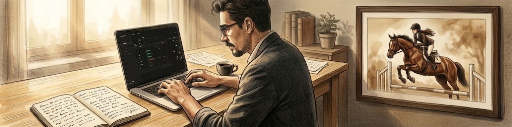 Ilustração em lápis de cor de Leonardo digitando no laptop com painel da Scriptio na tela, caderno de notas à mesa e quadro com menina equestre ao fundo.