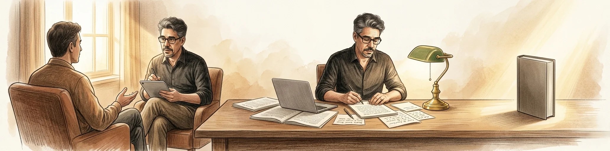 Ilustração do processo de ghostwriting — autor e ghostwriter em sessão de entrevista, da conversa inicial à entrega do manuscrito.
