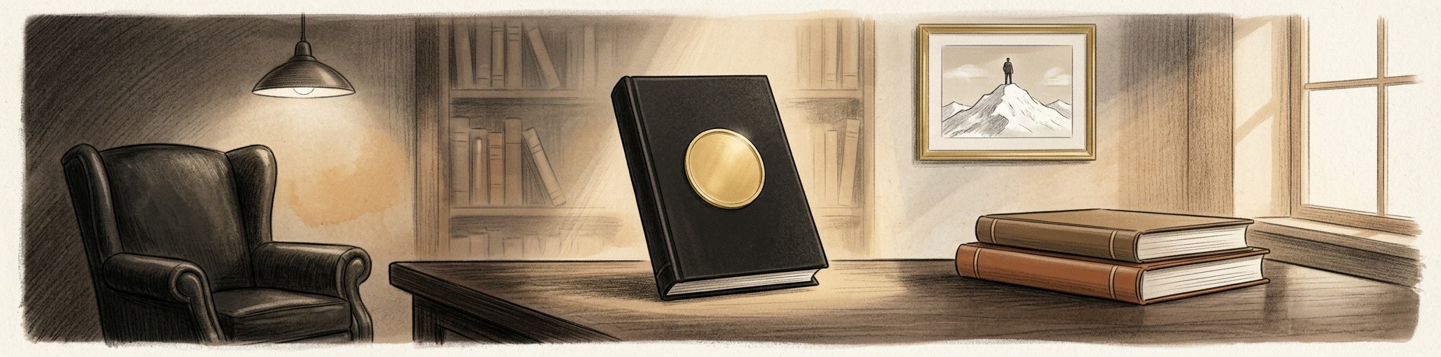 Ilustração de um livro encadernado em destaque sobre uma mesa de escritório, iluminado, com exemplares ao lado e estante ao fundo.