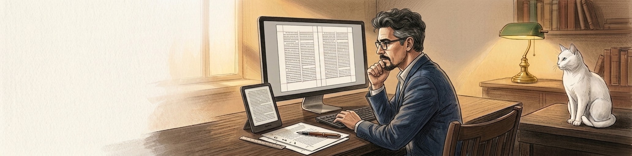 Ilustração em lápis de cor de Leonardo diagramando um livro no computador de tela ampla, com um Kindle na mesa e um gato branco observando.