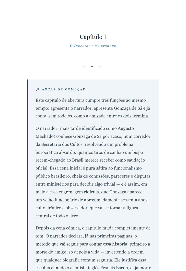 Página de miolo diagramada do romance Vida e Morte de M. J. Gonzaga de Sá, com abertura de capítulo, subtítulo e caixa de estudo comentado.