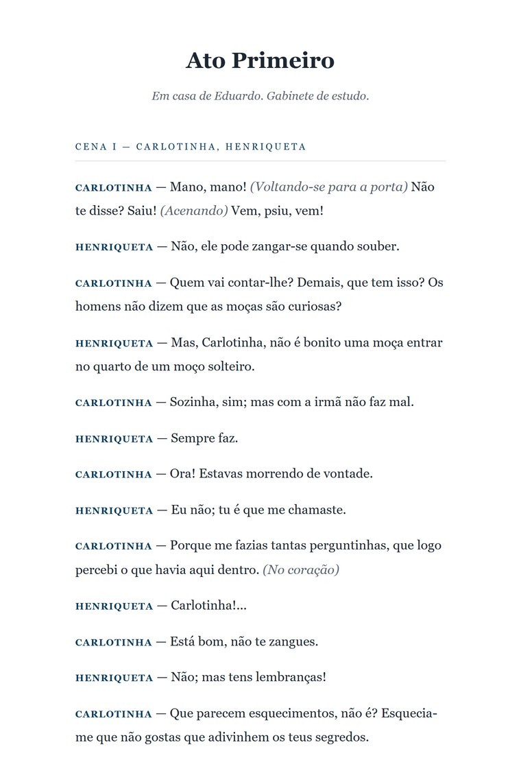 Página de miolo diagramada da peça teatral O Demônio Familiar, com nomes de personagem em versalete, rubricas em itálico e divisão de cenas.
